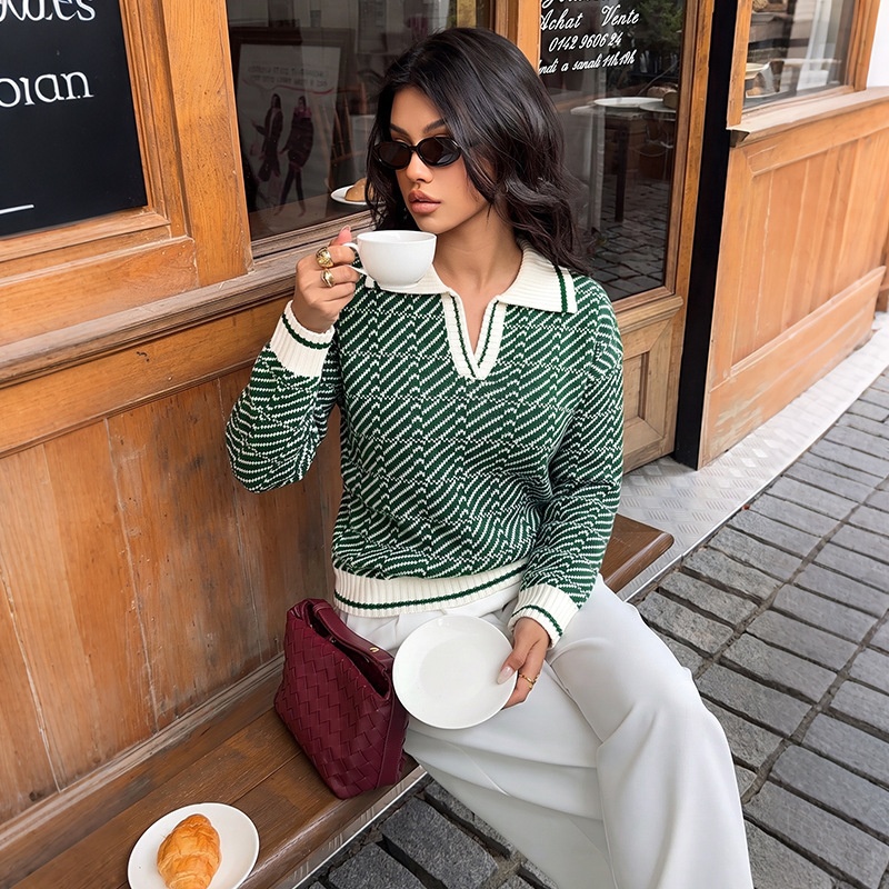 Women's Geometric Knit Long Sleeve Polo Sweater