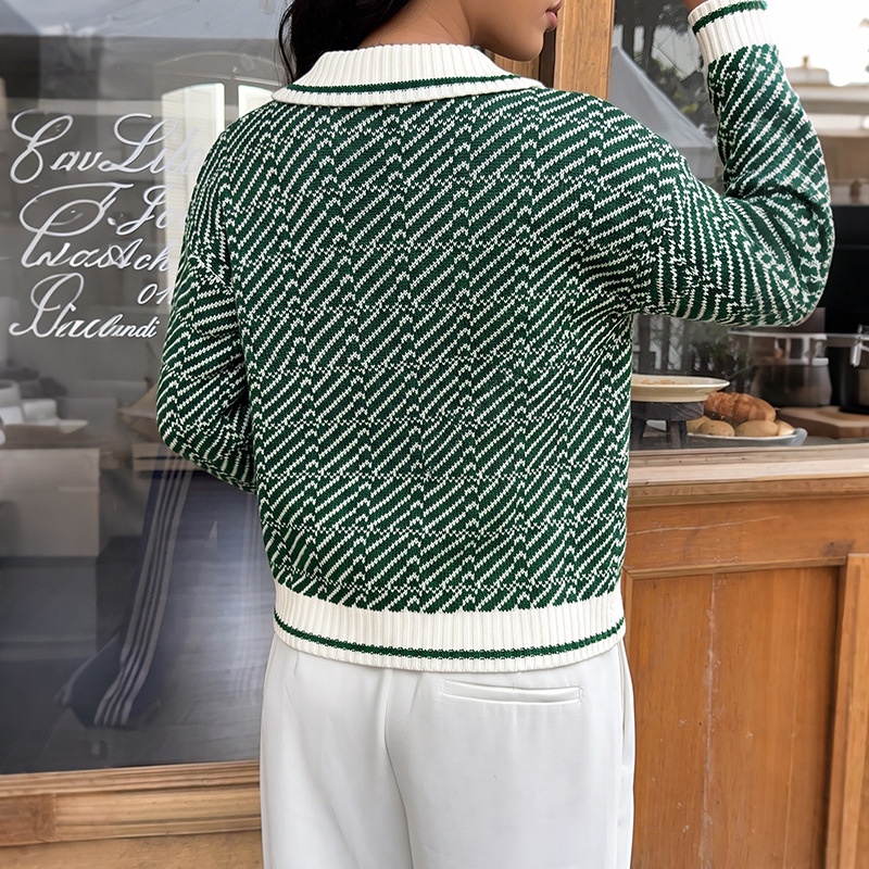 Women's Geometric Knit Long Sleeve Polo Sweater