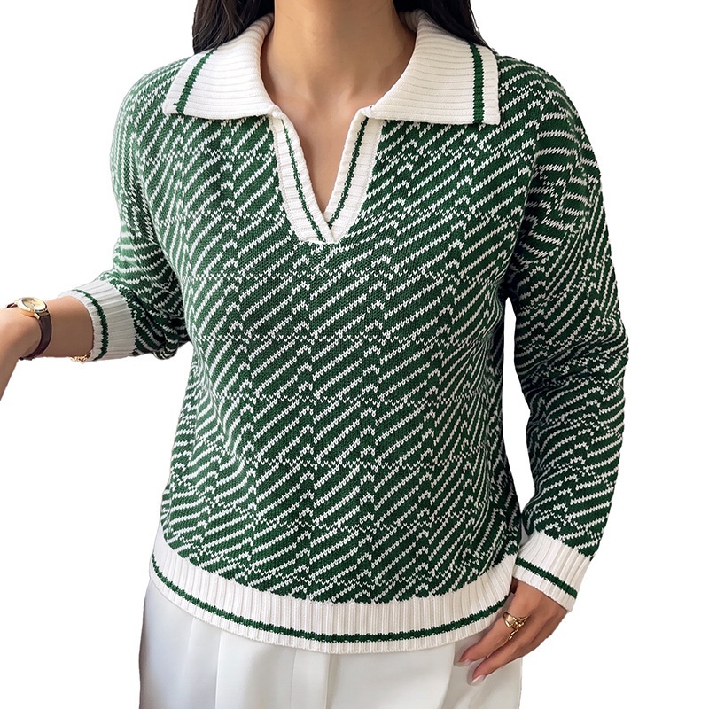 Women's Geometric Knit Long Sleeve Polo Sweater