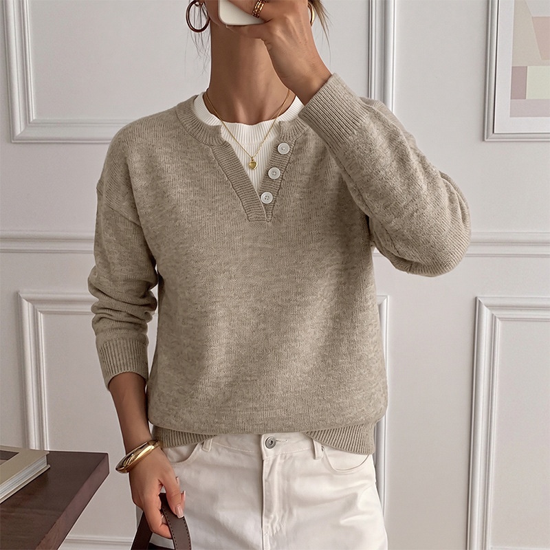 Women's Layered Look Henley Knit Pullover Sweater