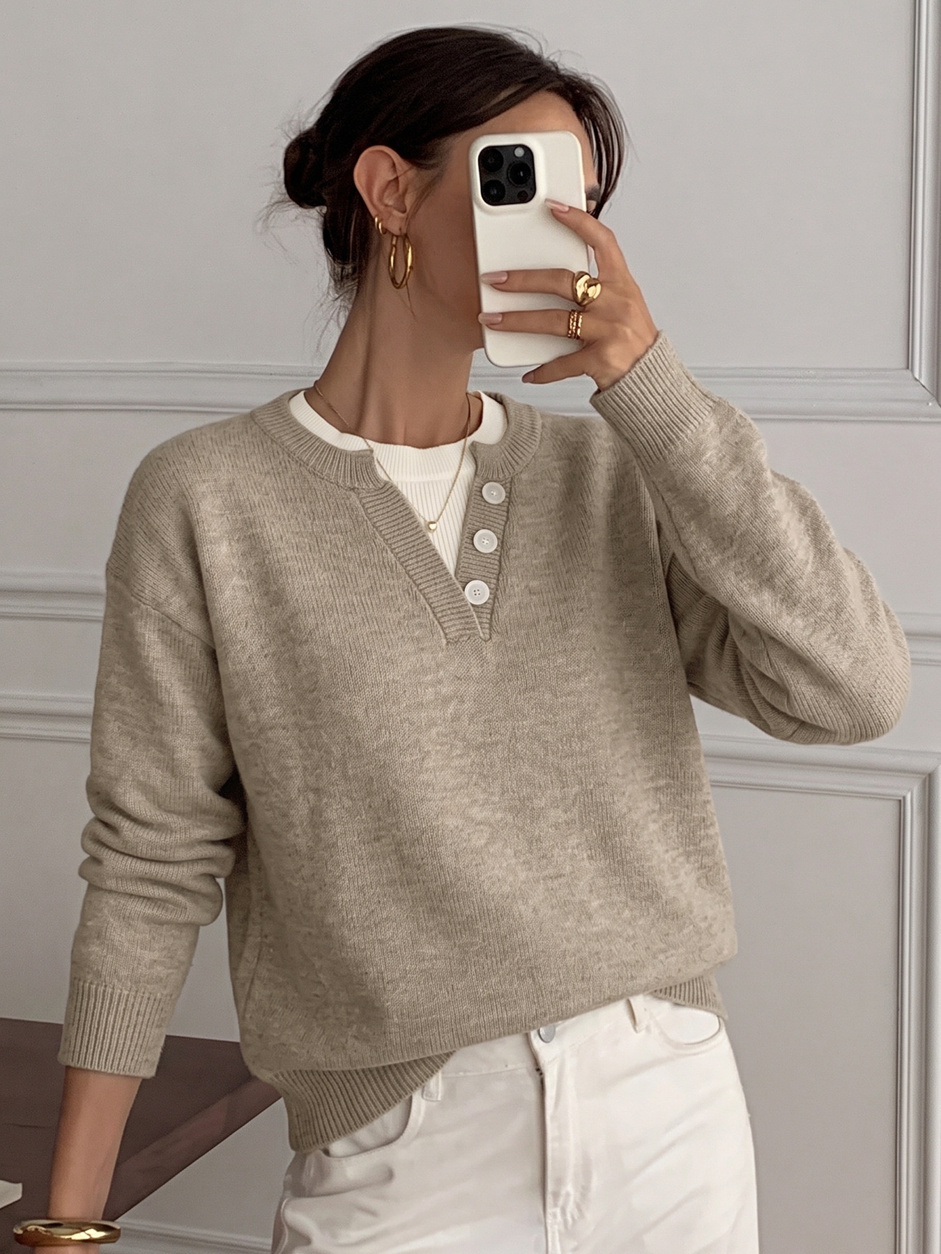 Women's Layered Look Henley Knit Pullover Sweater