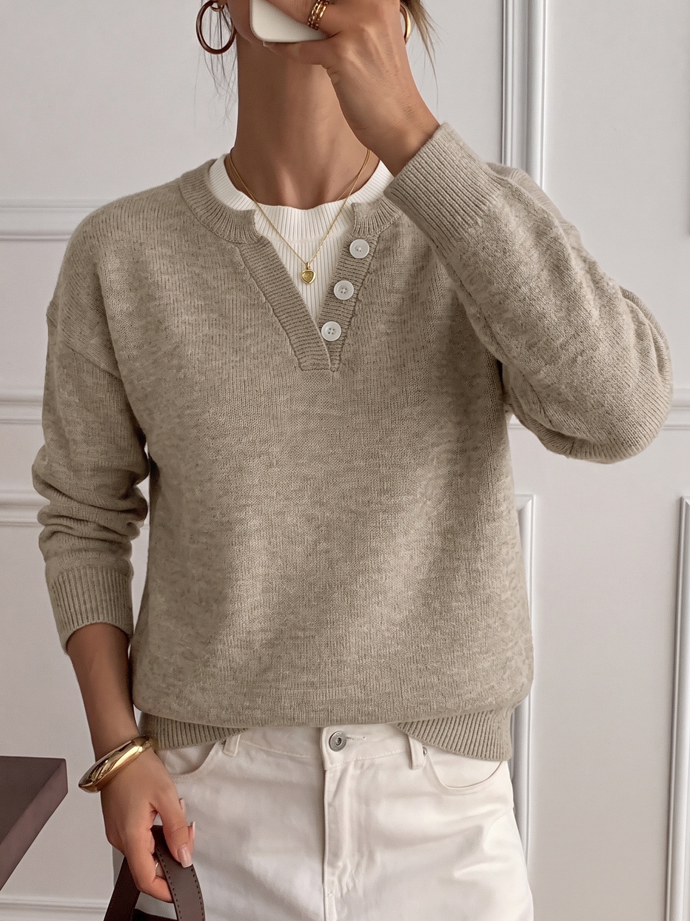 Women's Layered Look Henley Knit Pullover Sweater