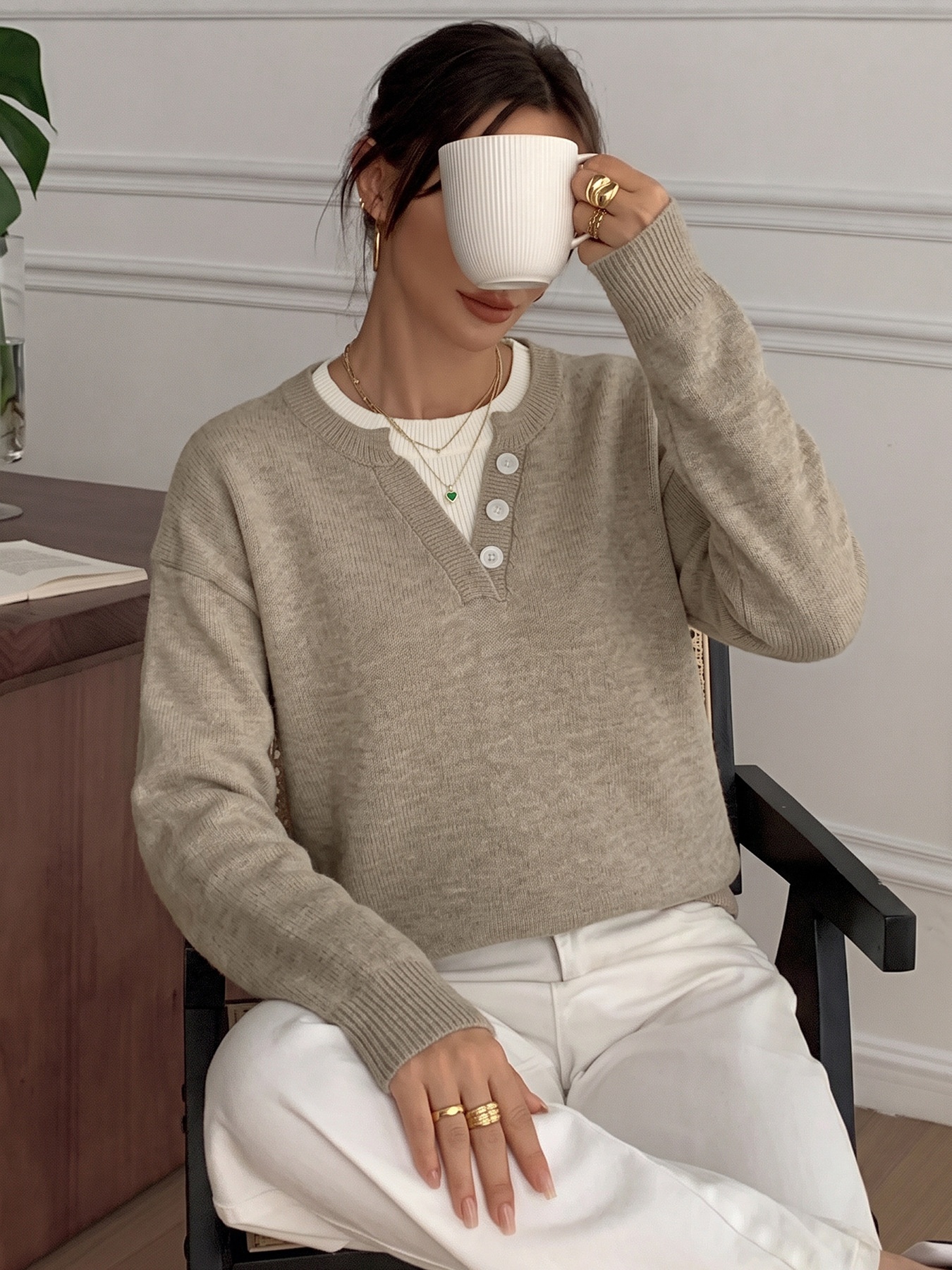 Women's Layered Look Henley Knit Pullover Sweater
