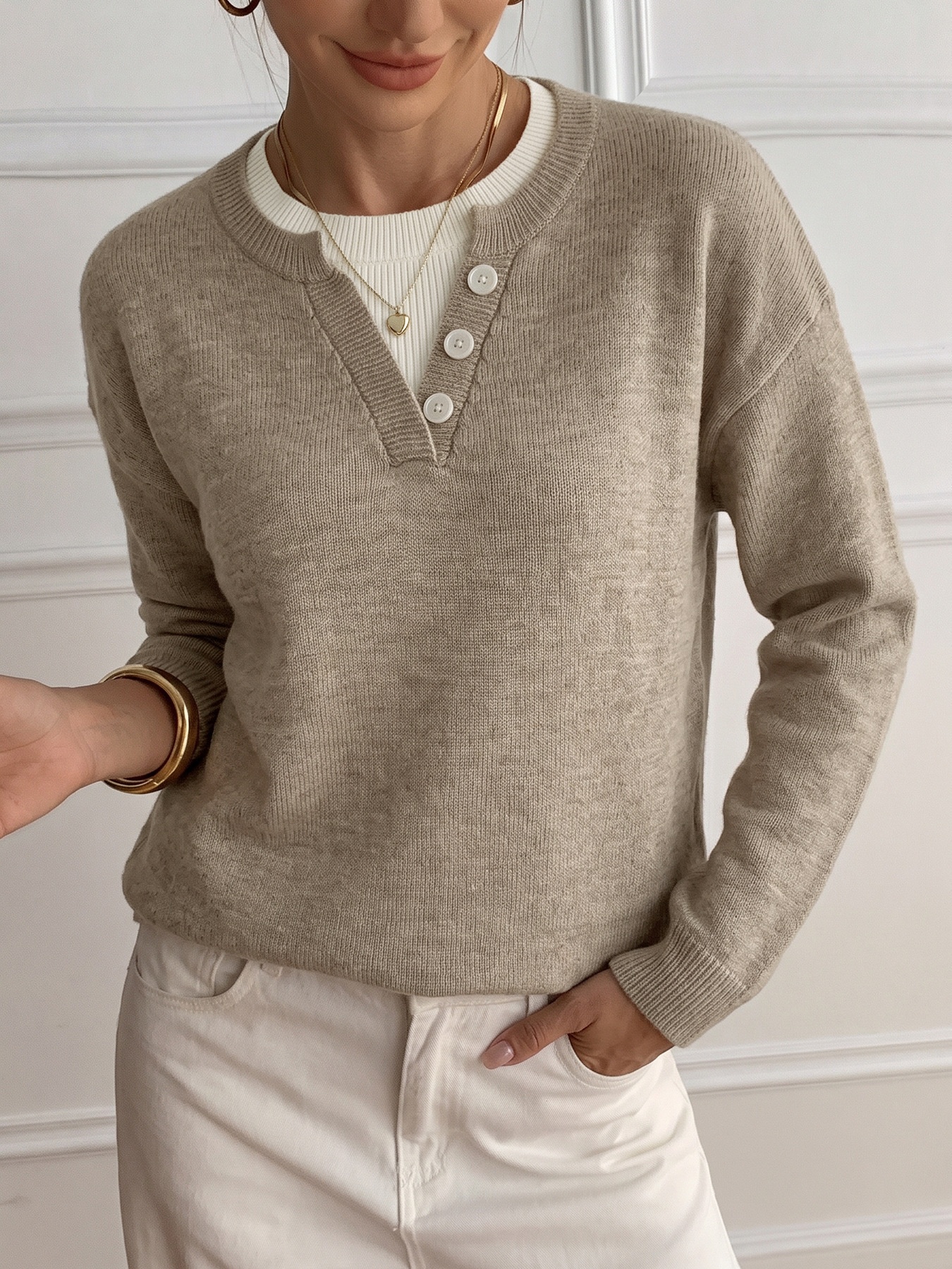 Women's Layered Look Henley Knit Pullover Sweater