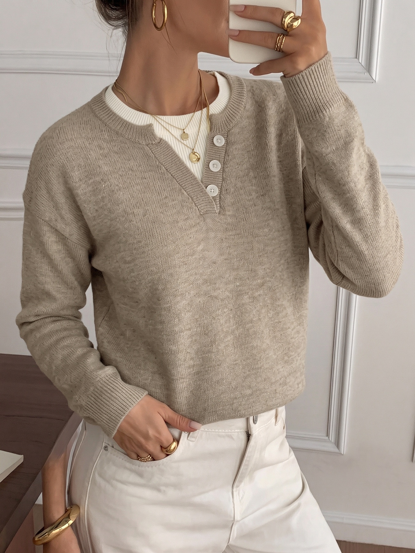 Women's Layered Look Henley Knit Pullover Sweater