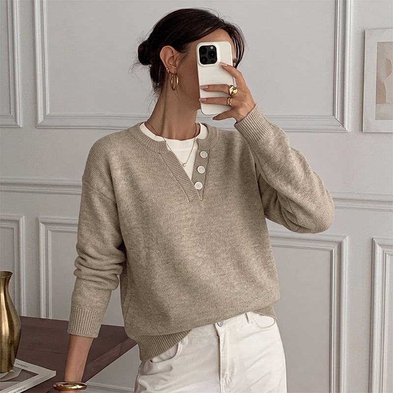 Women's Layered Look Henley Knit Pullover Sweater