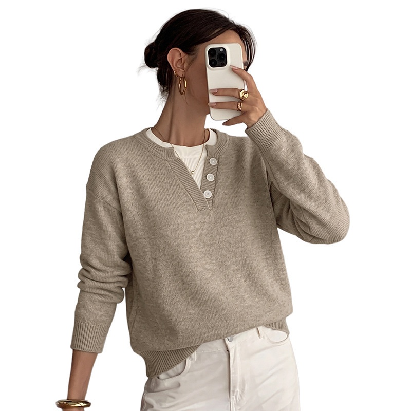 Women's Layered Look Henley Knit Pullover Sweater
