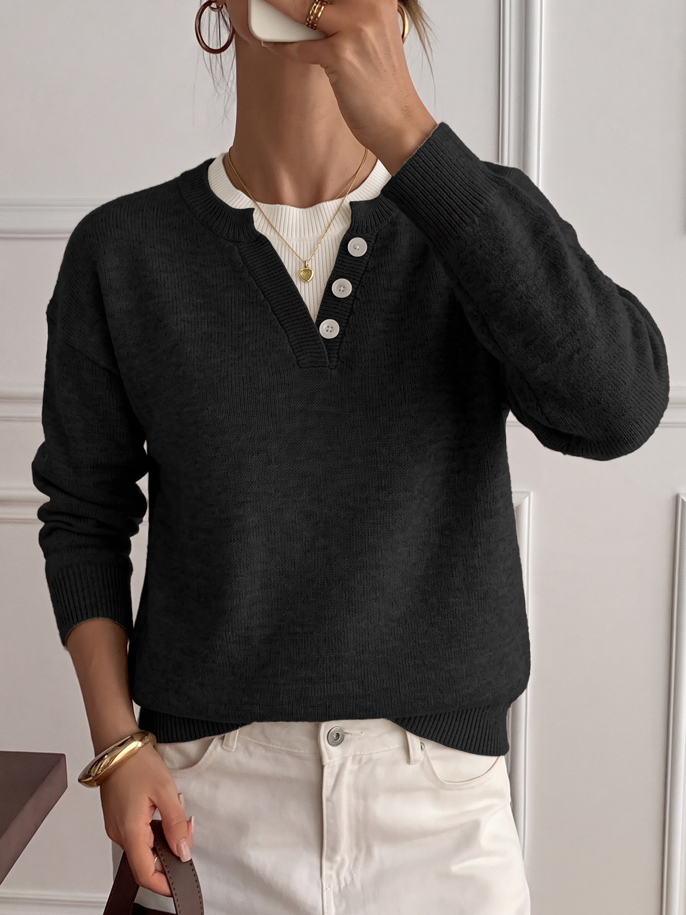 Women's Layered Look Henley Knit Pullover Sweater