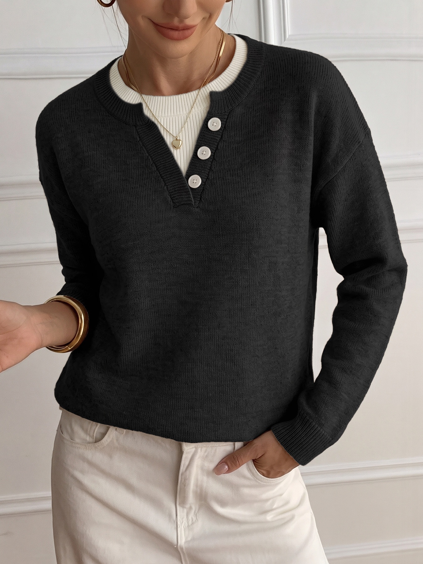 Women's Layered Look Henley Knit Pullover Sweater