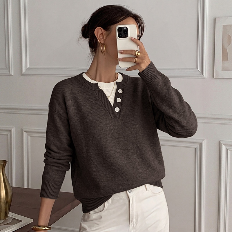 Women's Layered Look Henley Knit Pullover Sweater
