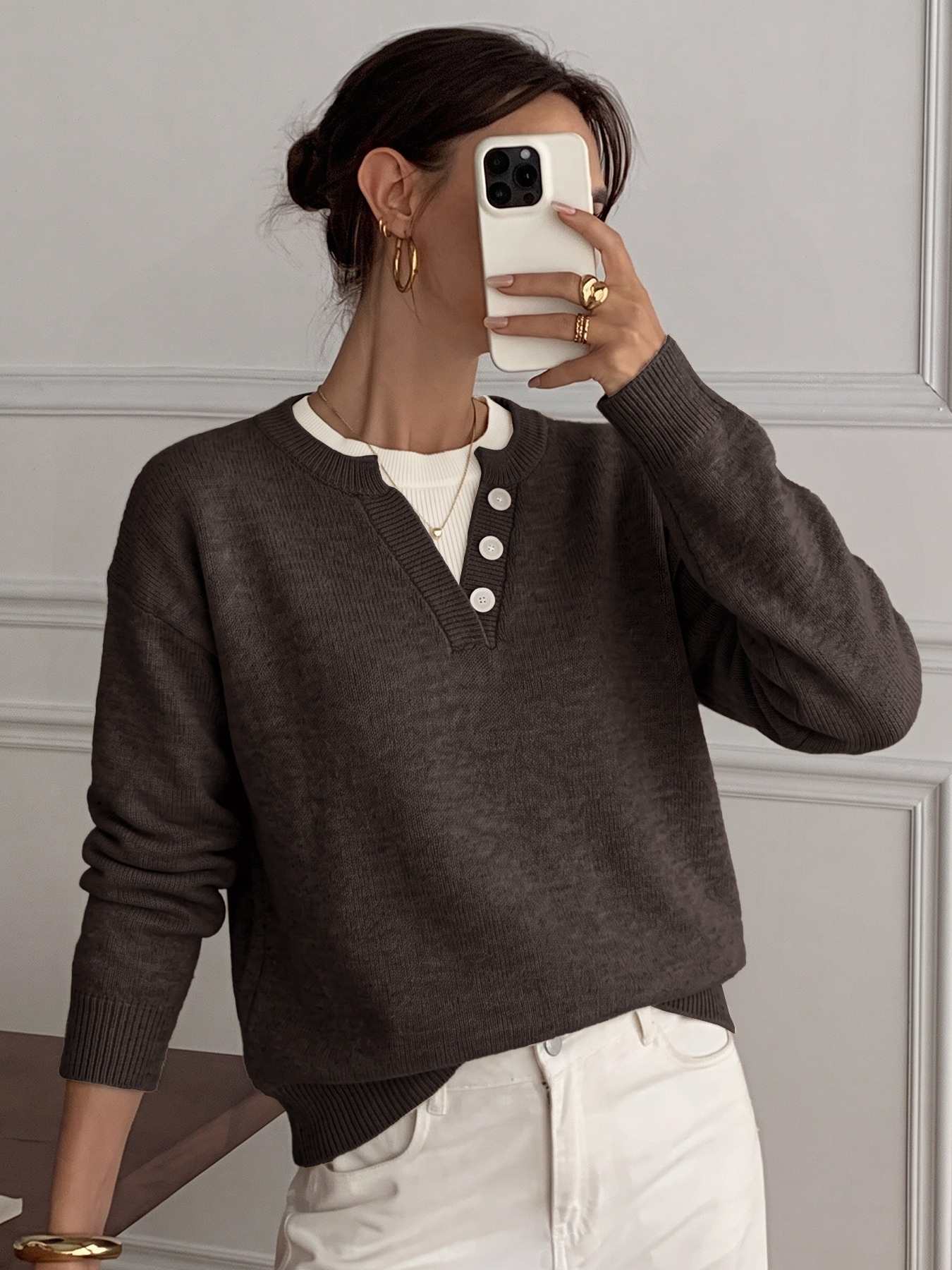 Women's Layered Look Henley Knit Pullover Sweater
