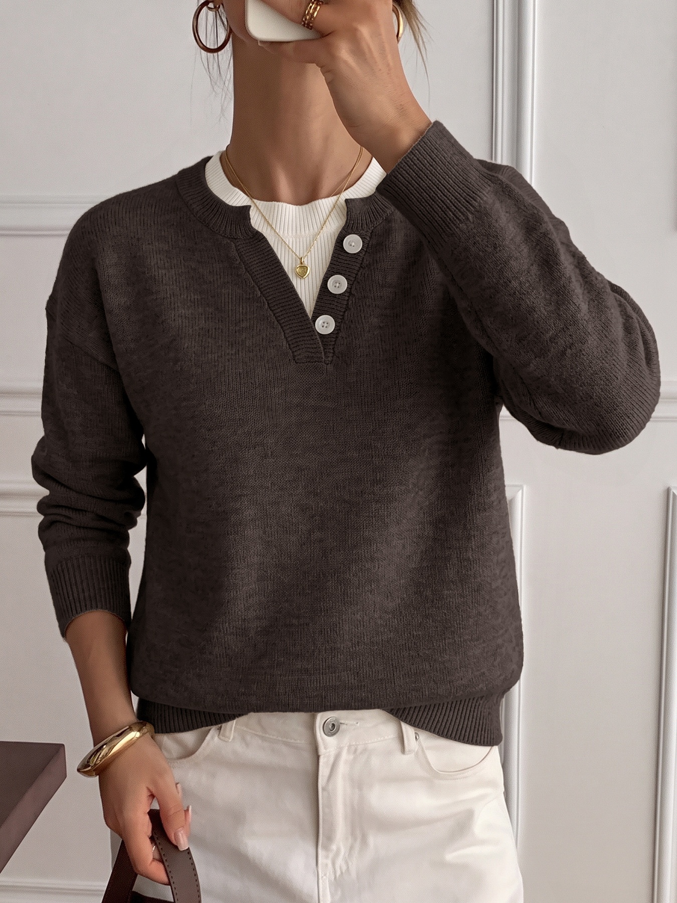 Women's Layered Look Henley Knit Pullover Sweater