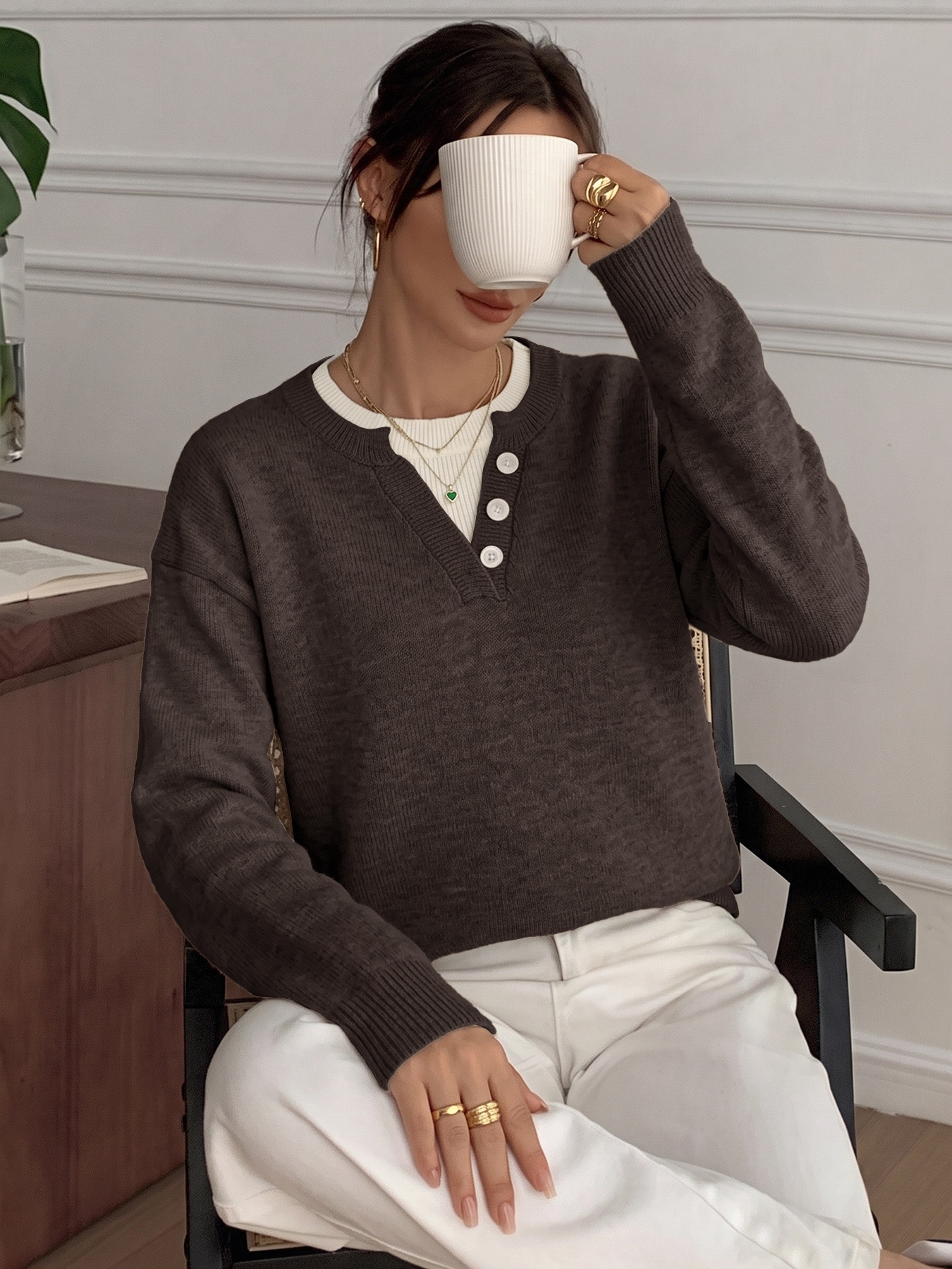 Women's Layered Look Henley Knit Pullover Sweater