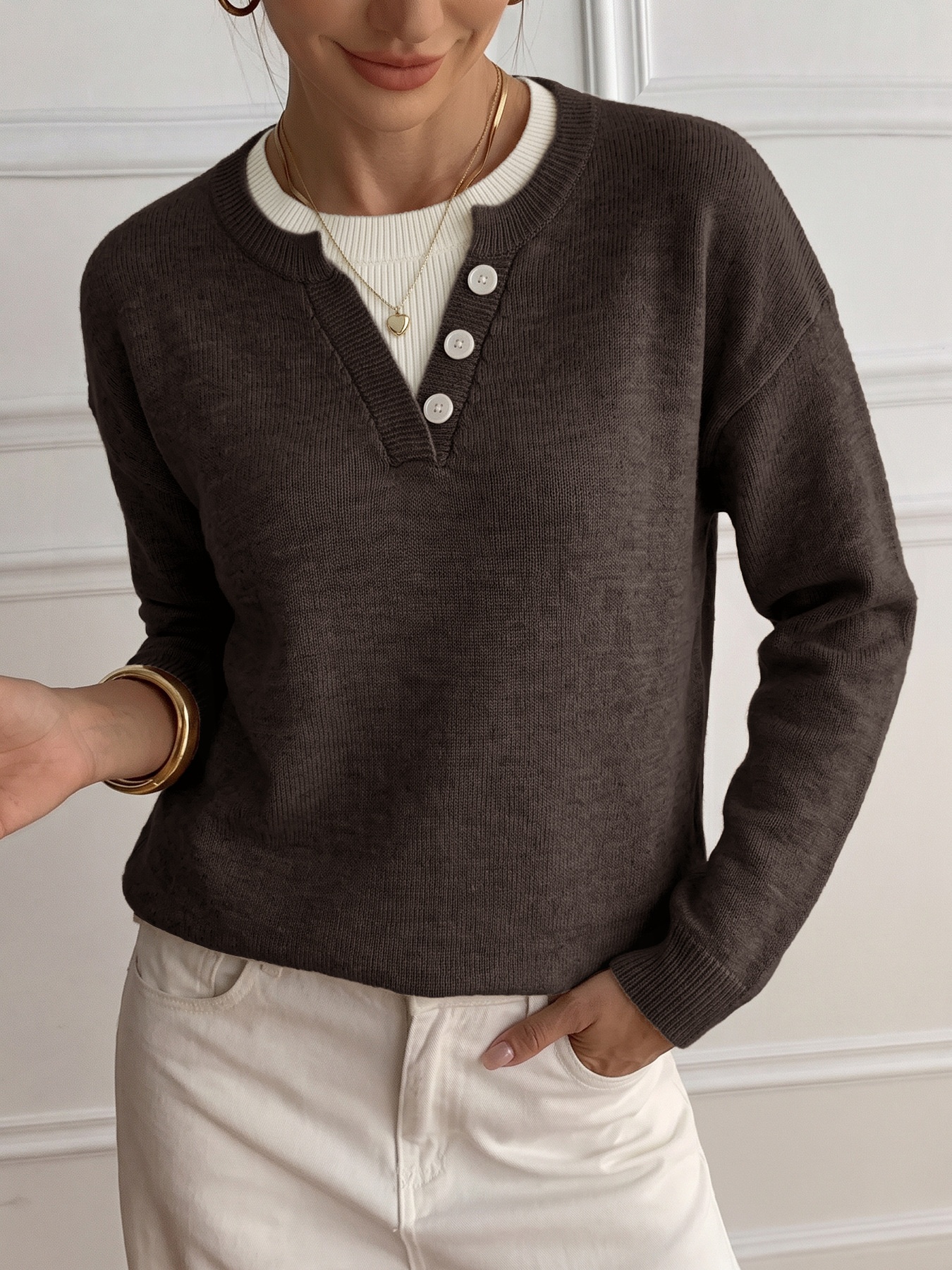 Women's Layered Look Henley Knit Pullover Sweater