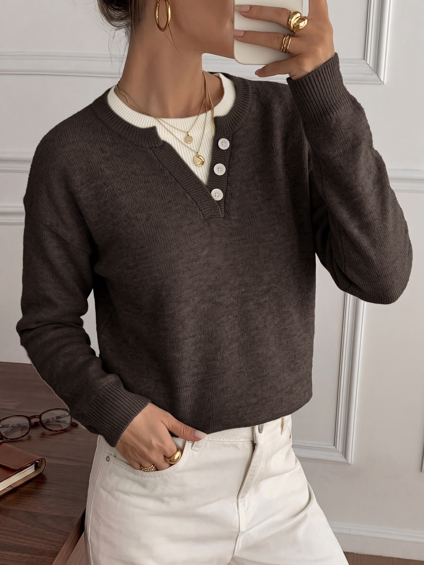 Women's Layered Look Henley Knit Pullover Sweater