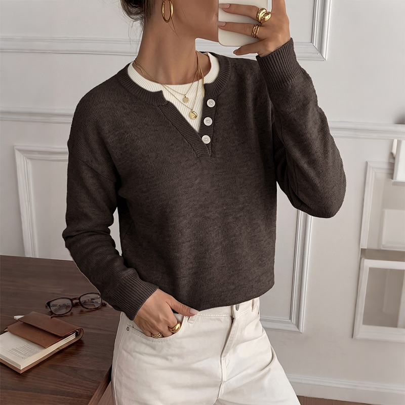 Women's Layered Look Henley Knit Pullover Sweater