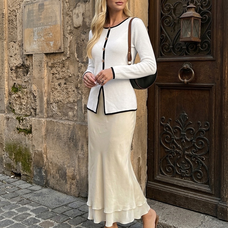 Contrast Trim Button-Front Long Sleeve Knit Cardigan