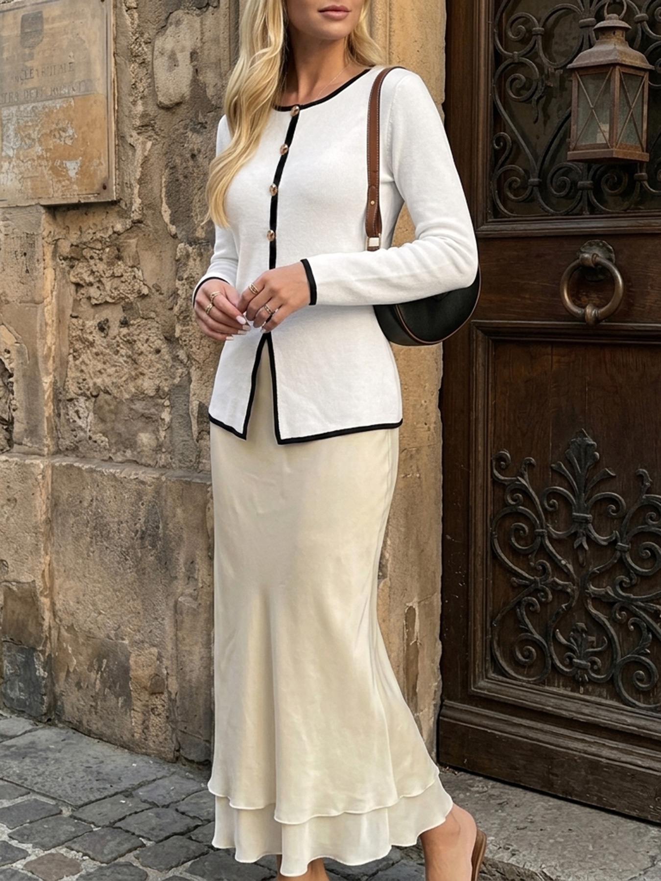 Contrast Trim Button-Front Long Sleeve Knit Cardigan