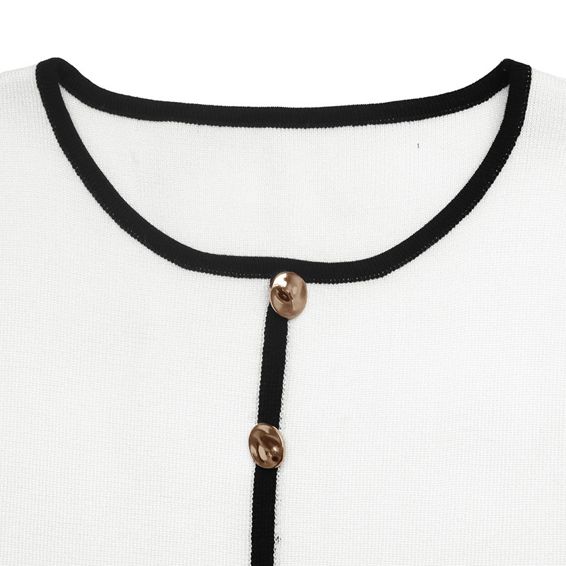 Contrast Trim Button-Front Long Sleeve Knit Cardigan