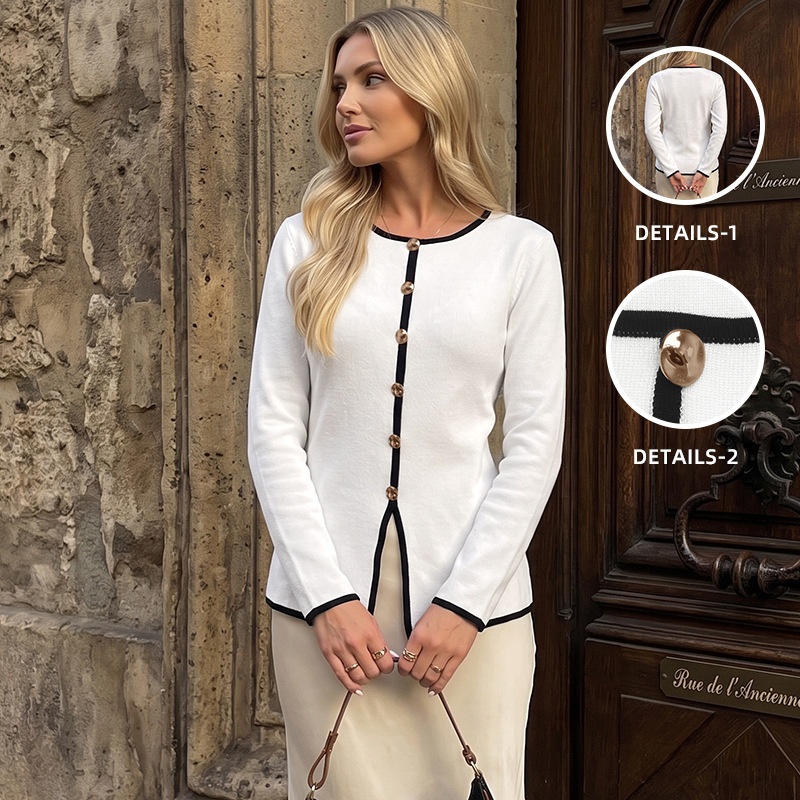 Contrast Trim Button-Front Long Sleeve Knit Cardigan