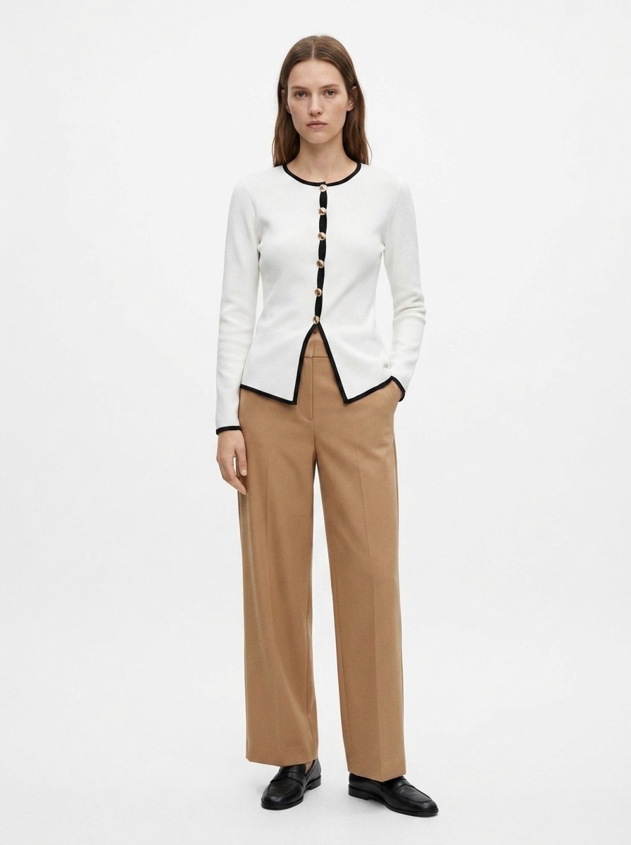 Contrast Trim Button-Front Long Sleeve Knit Cardigan