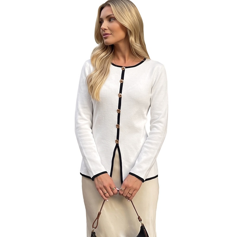 Contrast Trim Button-Front Long Sleeve Knit Cardigan