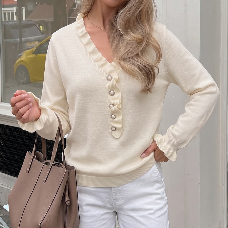 Women's Ruffle V-Neck Knit Sweater with Faux Pearl Buttons