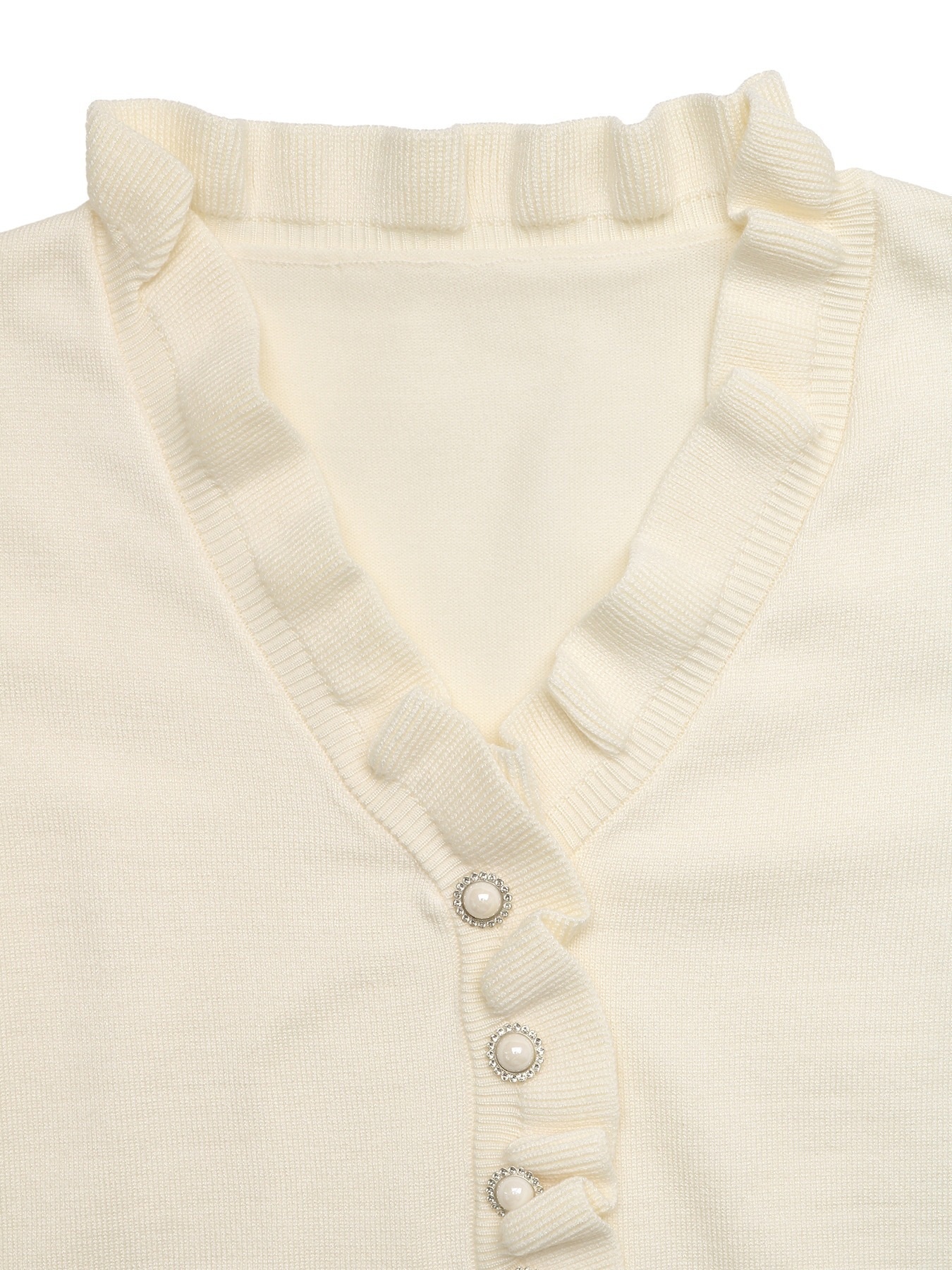 Women's Ruffle V-Neck Knit Sweater with Faux Pearl Buttons