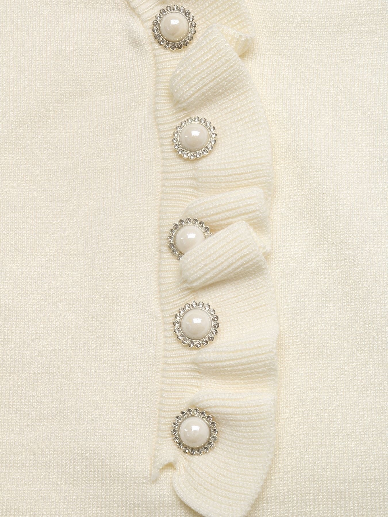 Women's Ruffle V-Neck Knit Sweater with Faux Pearl Buttons