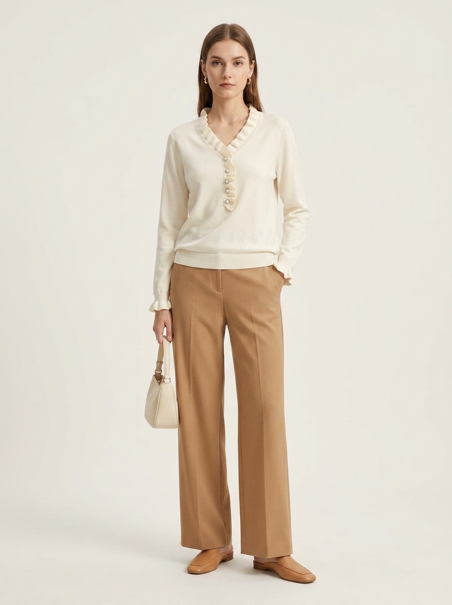 Women's Ruffle V-Neck Knit Sweater with Faux Pearl Buttons