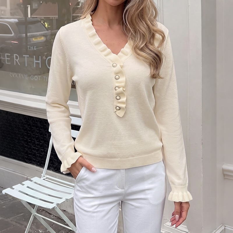 Women's Ruffle V-Neck Knit Sweater with Faux Pearl Buttons