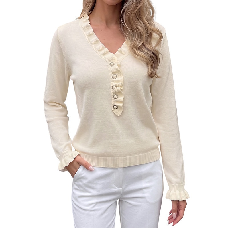 Women's Ruffle V-Neck Knit Sweater with Faux Pearl Buttons