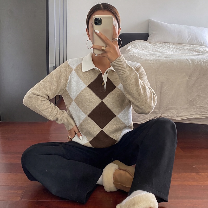 Argyle Polo Collar Knit Long Sleeve Sweater