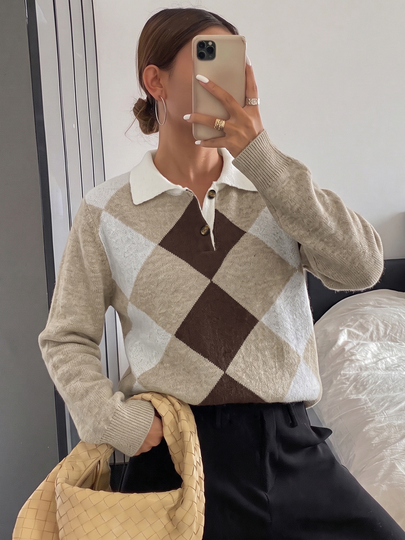 Argyle Polo Collar Knit Long Sleeve Sweater