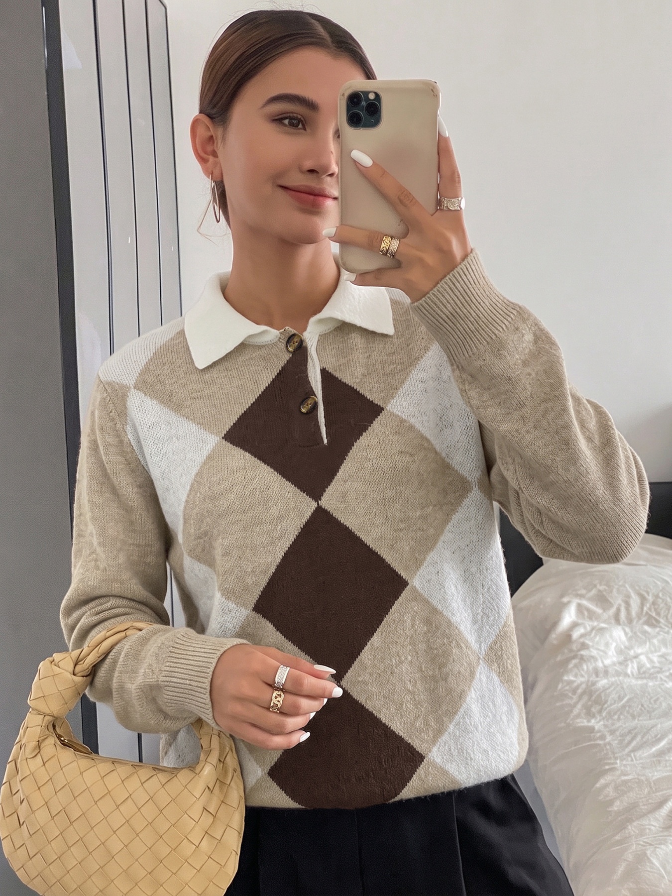 Argyle Polo Collar Knit Long Sleeve Sweater