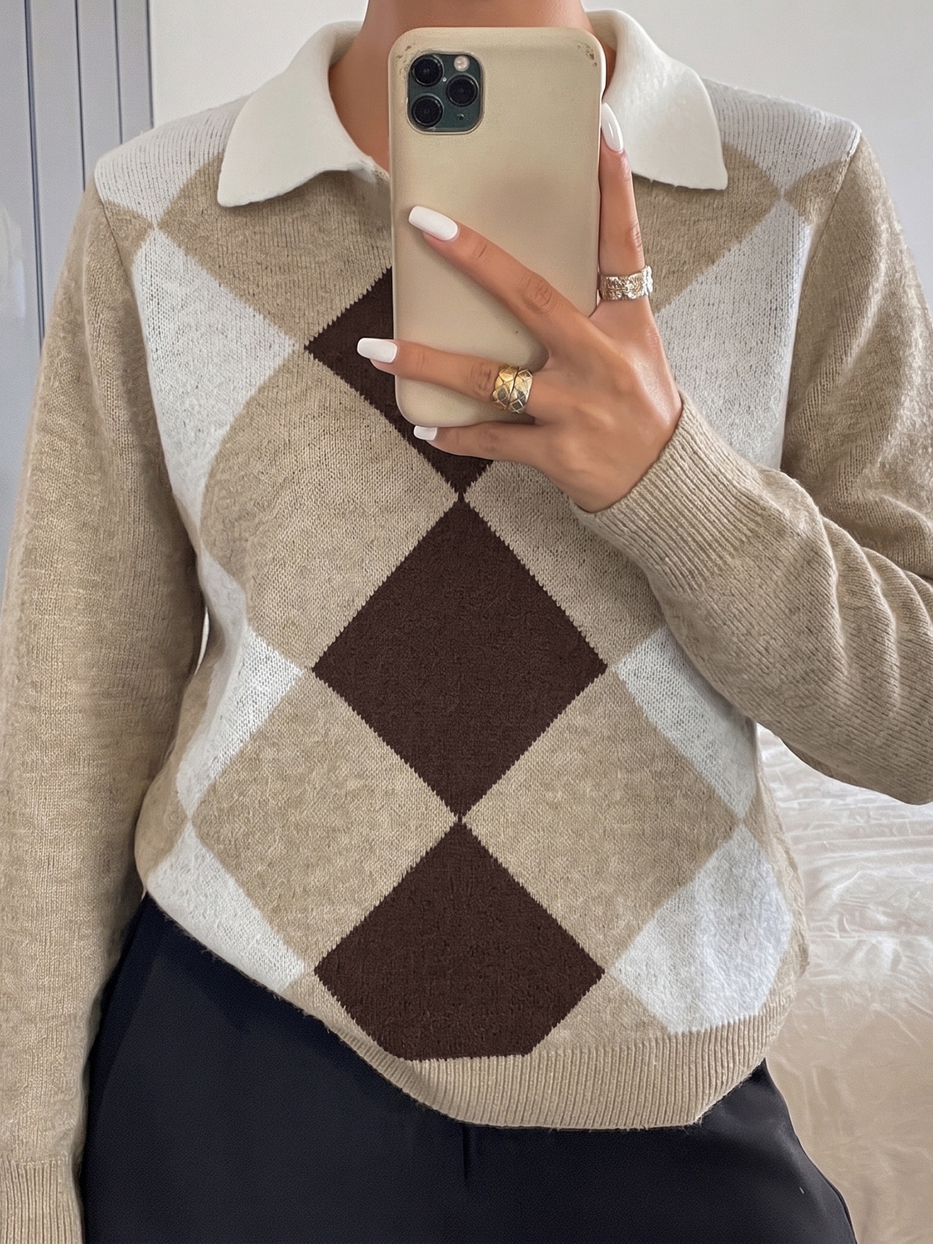 Argyle Polo Collar Knit Long Sleeve Sweater