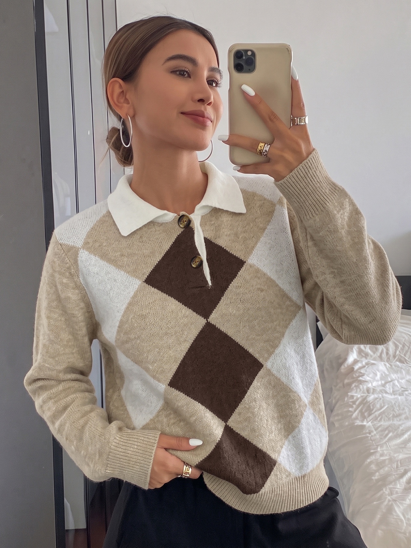 Argyle Polo Collar Knit Long Sleeve Sweater