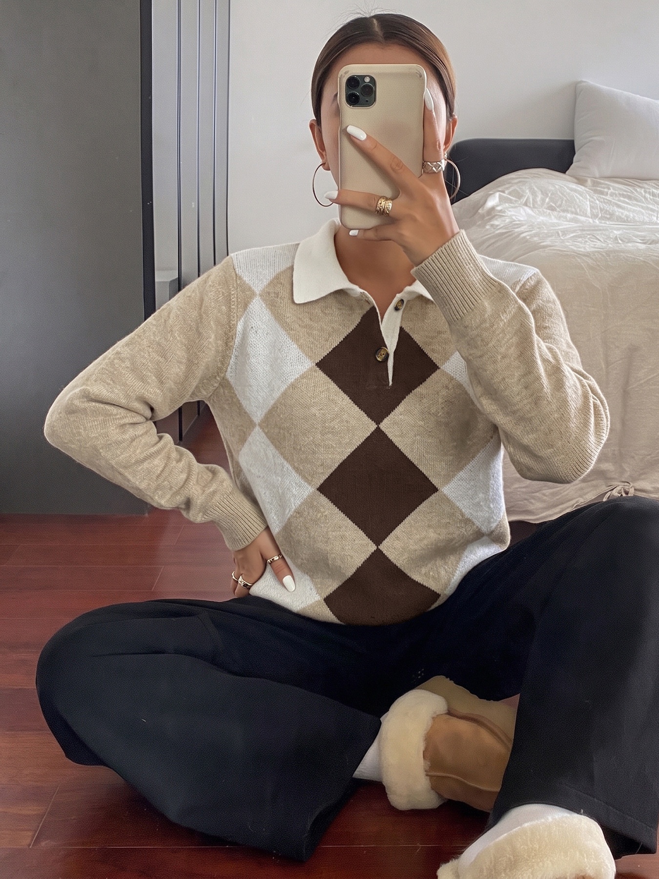 Argyle Polo Collar Knit Long Sleeve Sweater