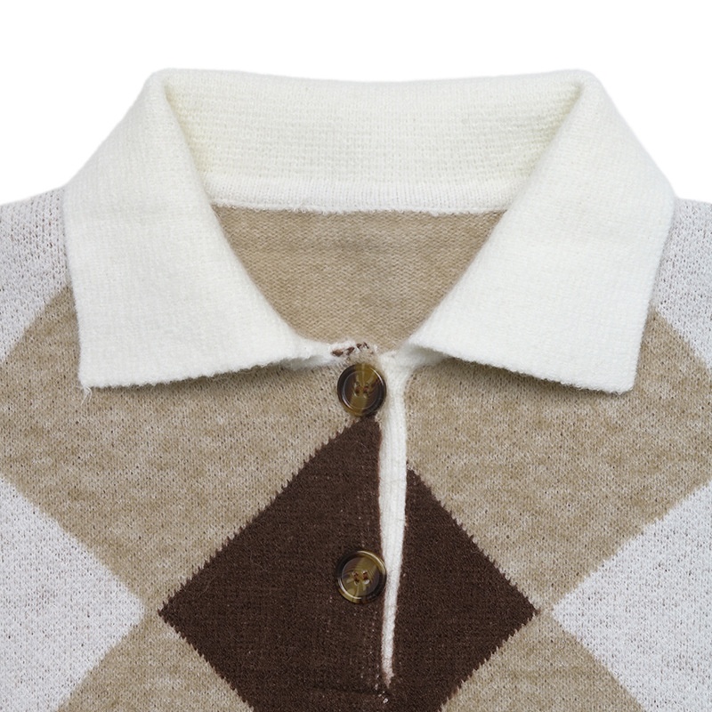 Argyle Polo Collar Knit Long Sleeve Sweater