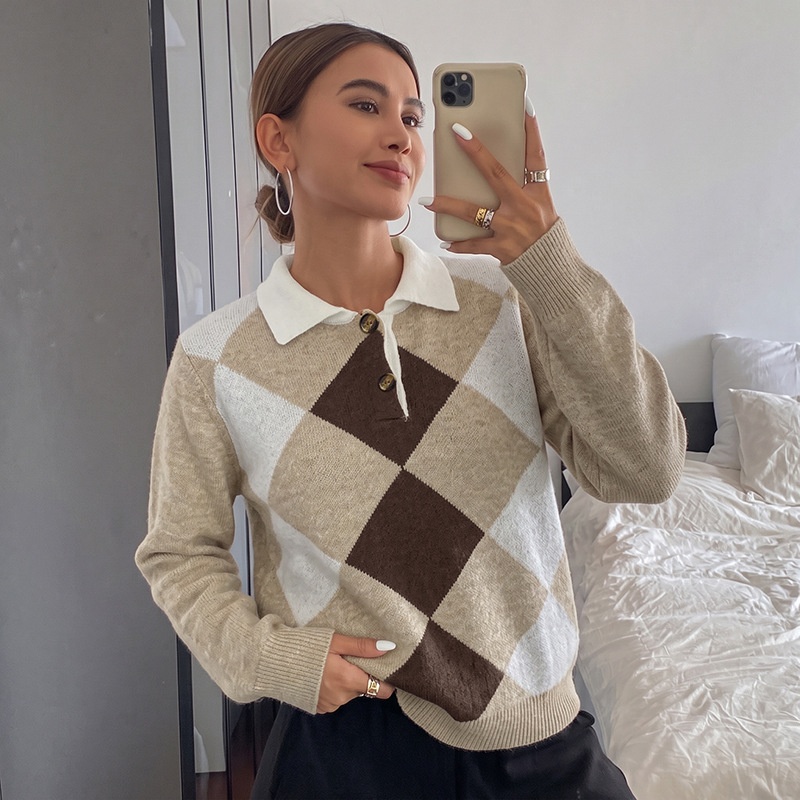 Argyle Polo Collar Knit Long Sleeve Sweater