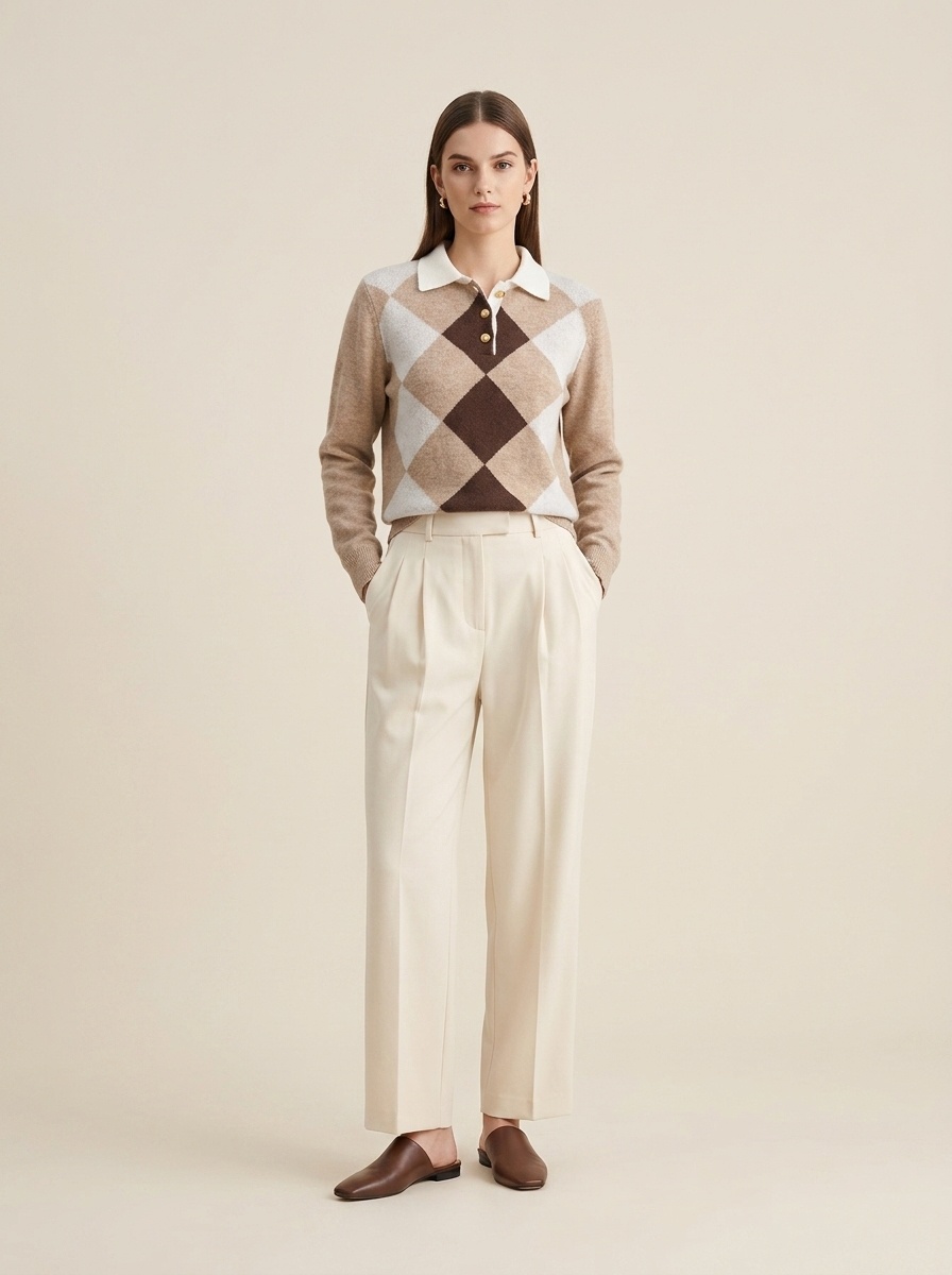Argyle Polo Collar Knit Long Sleeve Sweater