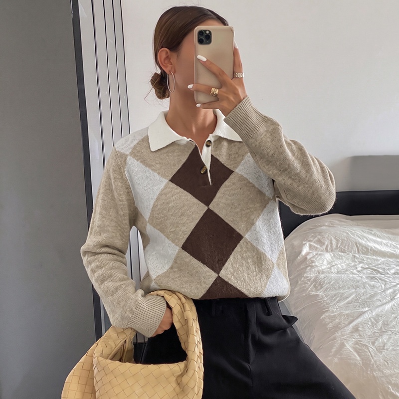 Argyle Polo Collar Knit Long Sleeve Sweater