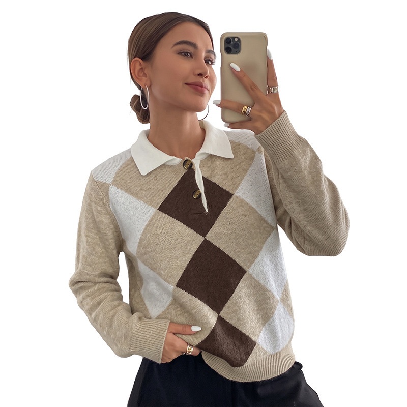 Argyle Polo Collar Knit Long Sleeve Sweater