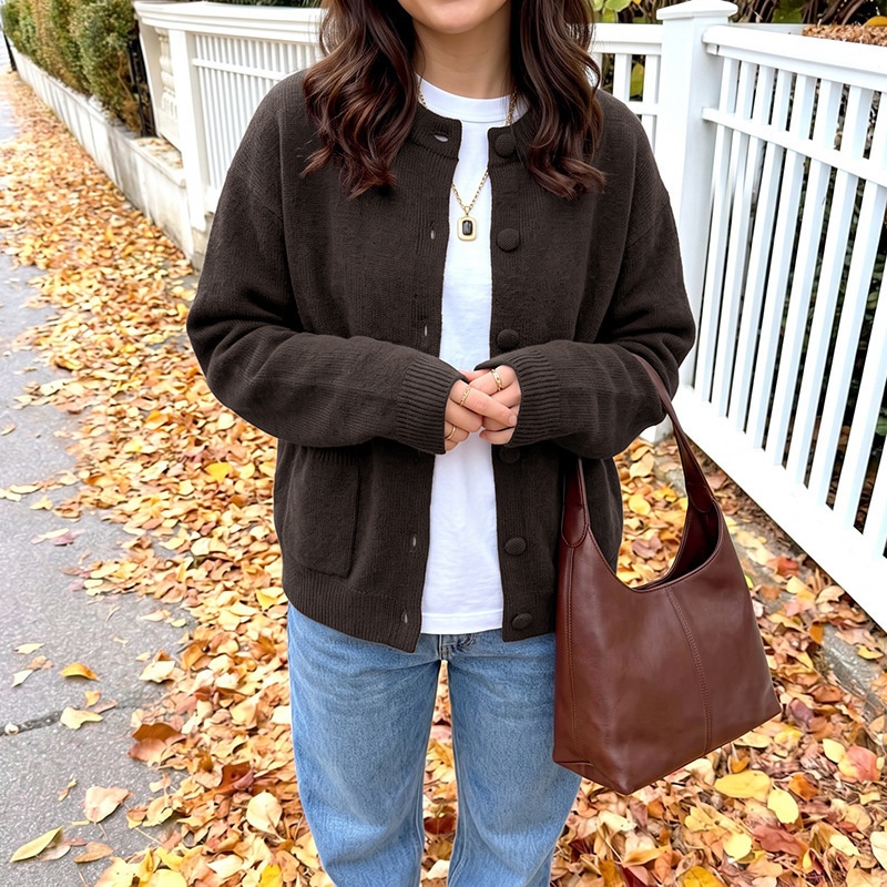 Women's Dark Brown Button-Down Knit Cardigan