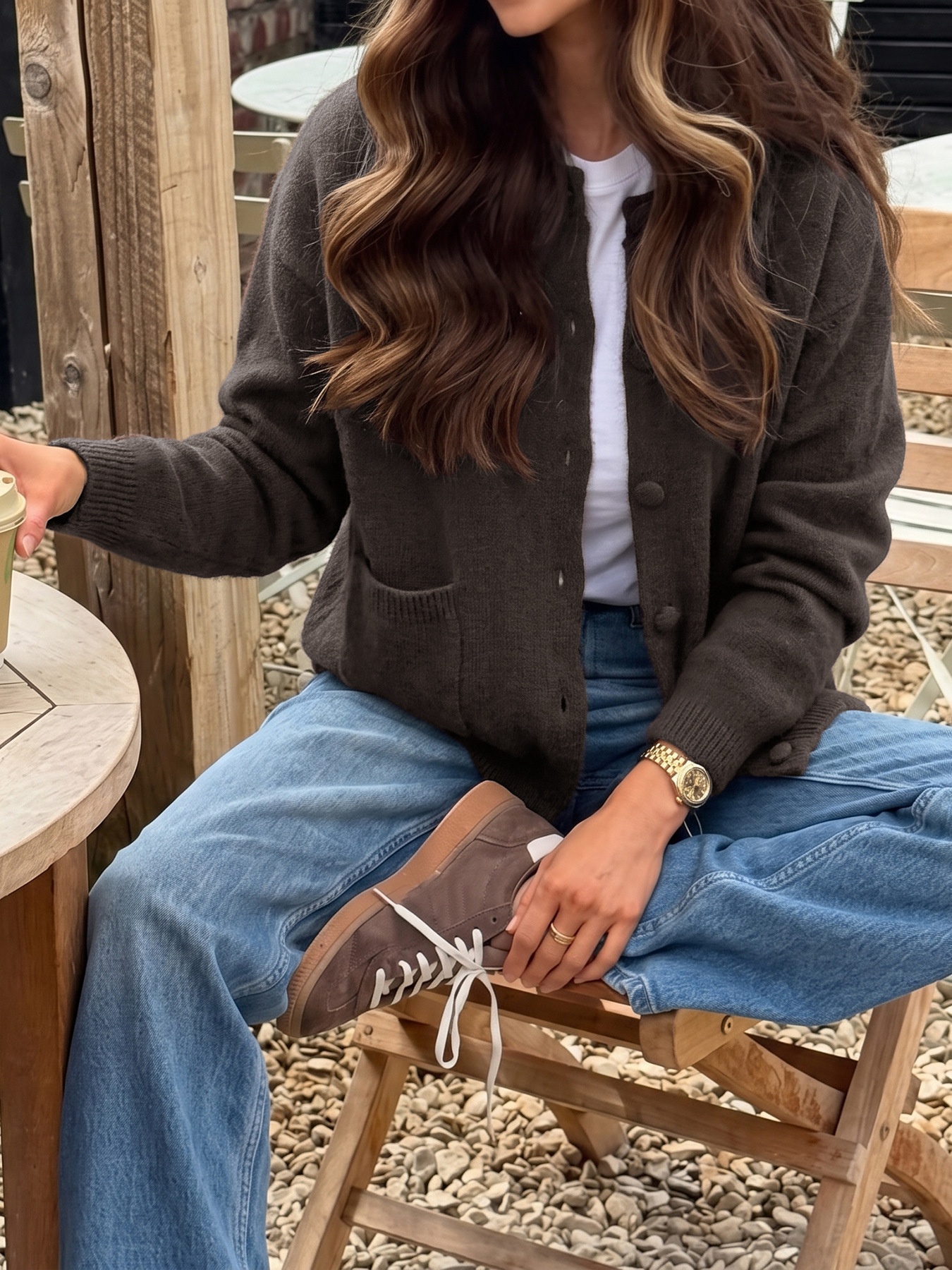 Women's Dark Brown Button-Down Knit Cardigan
