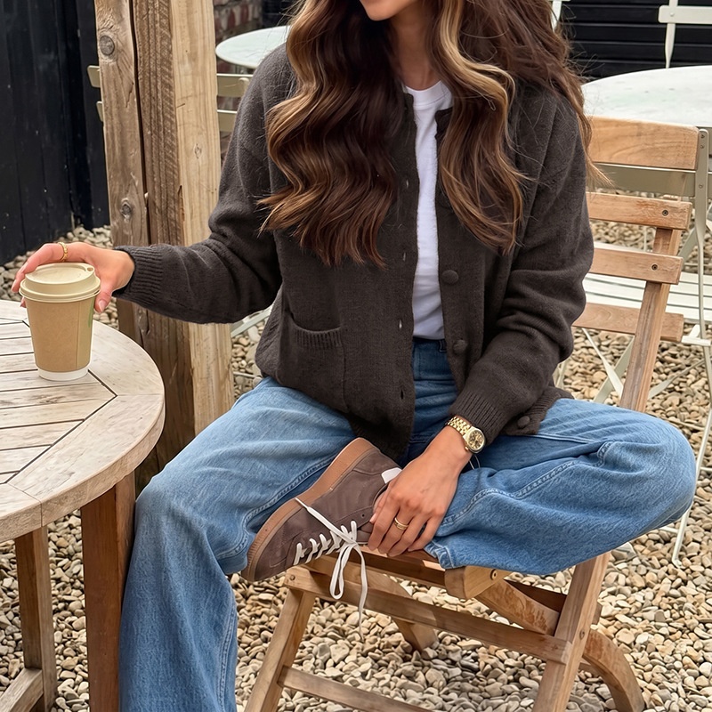 Women's Dark Brown Button-Down Knit Cardigan
