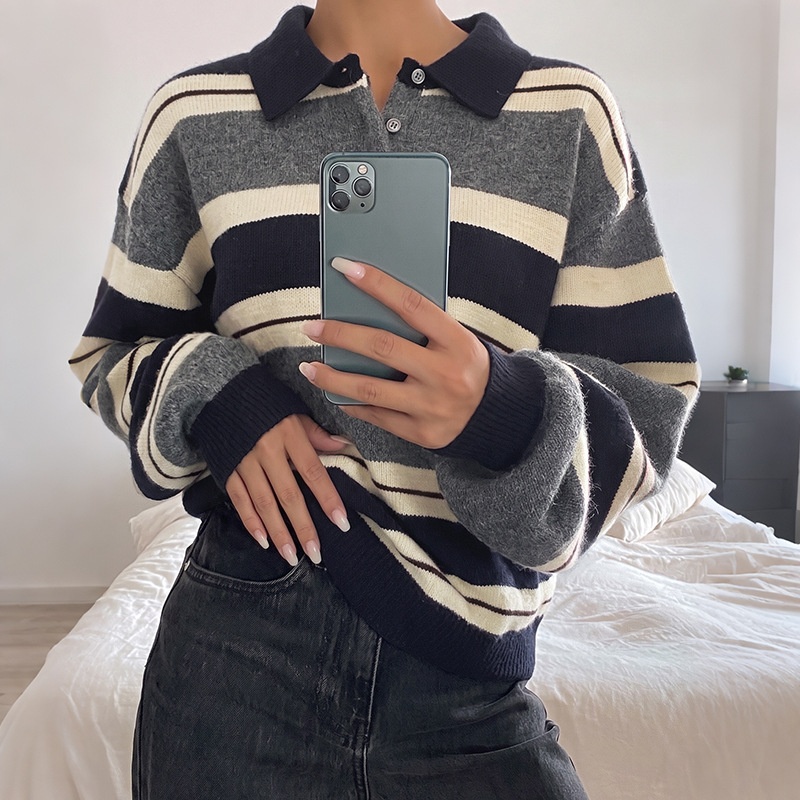 Striped Polo Collar Knit Pullover Sweater