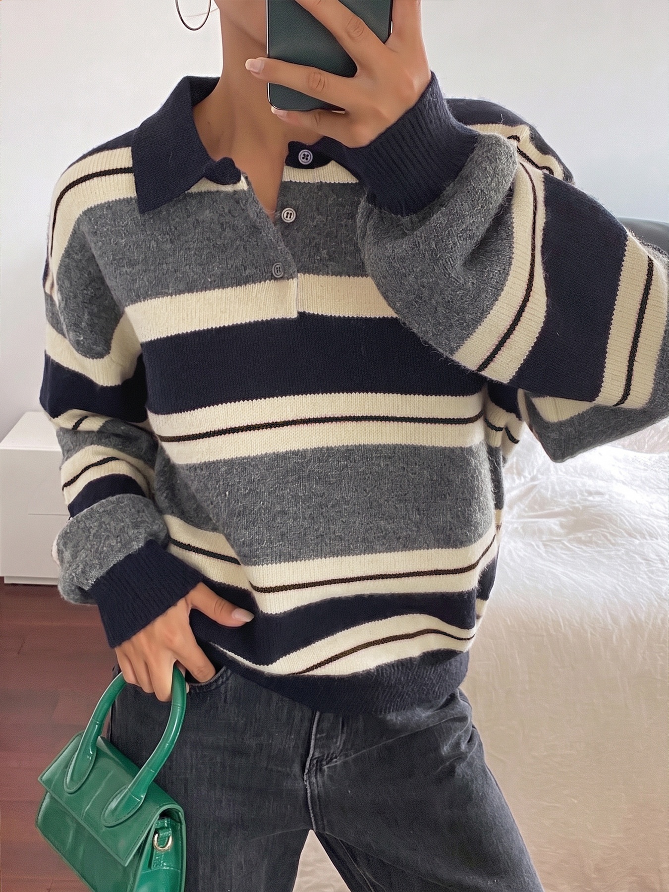Striped Polo Collar Knit Pullover Sweater