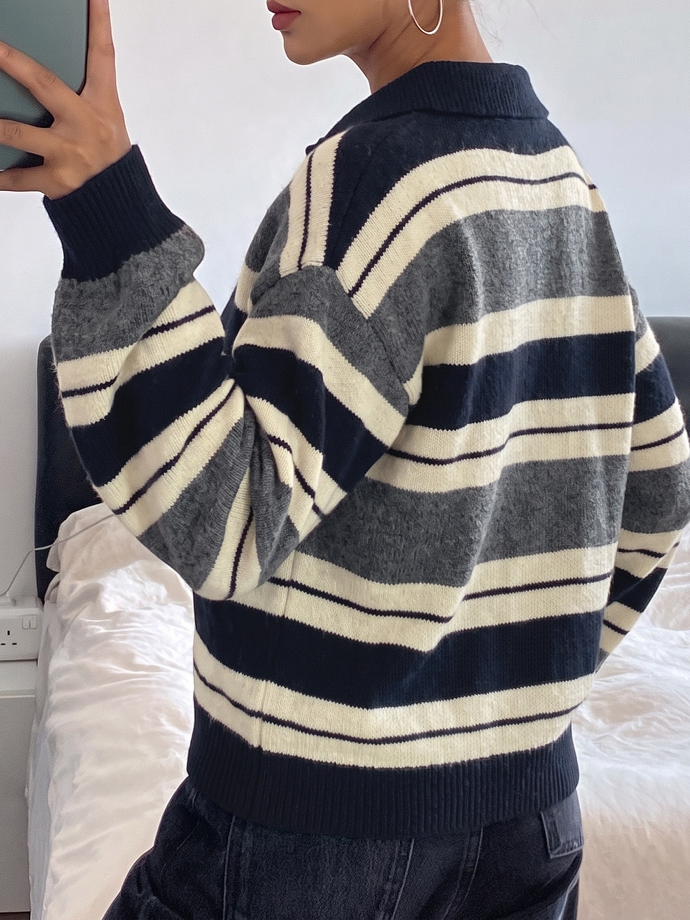 Striped Polo Collar Knit Pullover Sweater