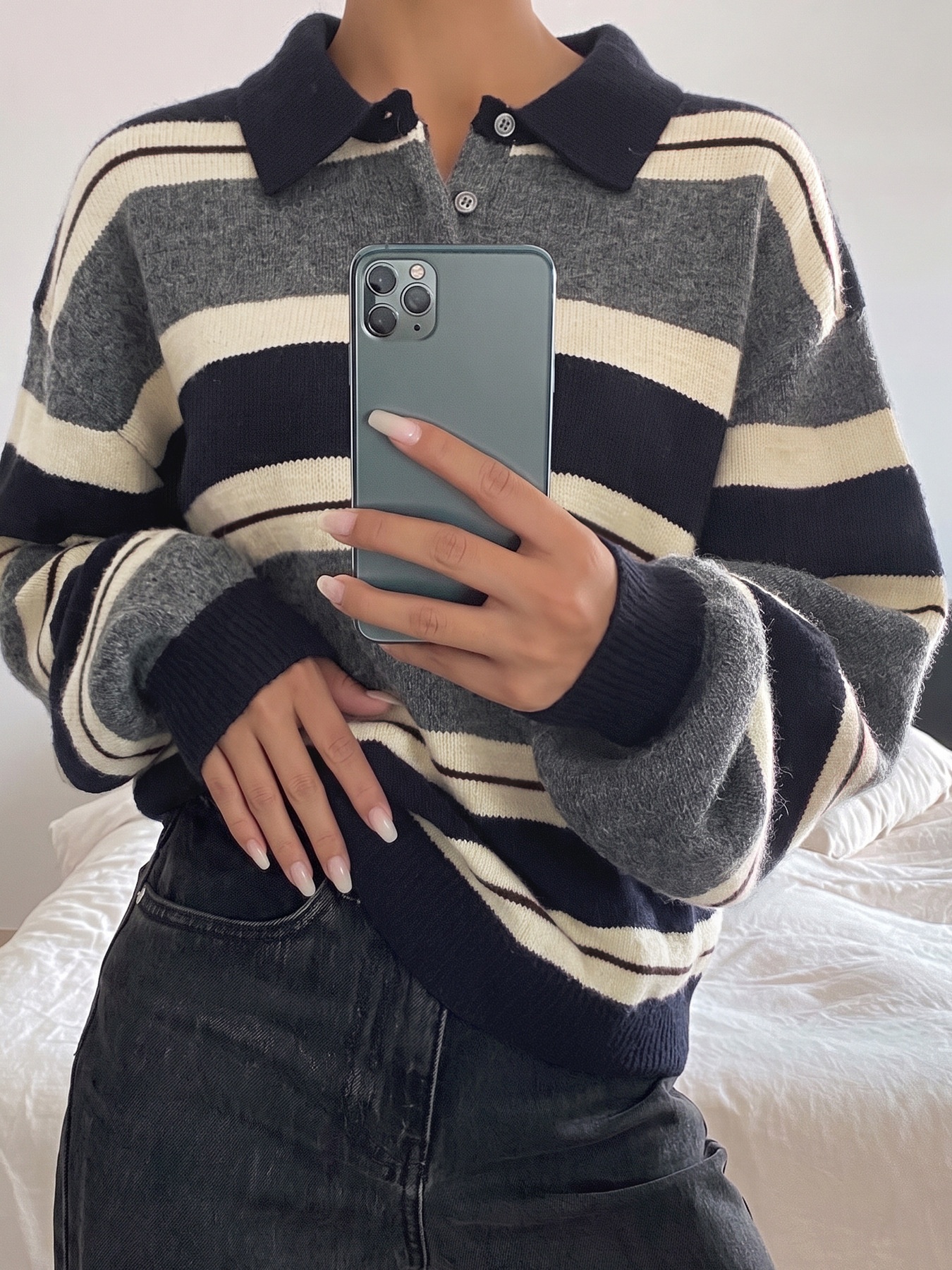 Striped Polo Collar Knit Pullover Sweater